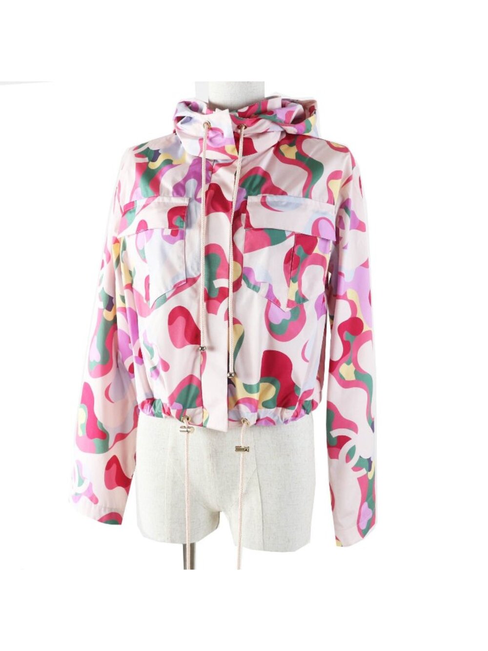 Chanel Silk 100% Logo Print Hooded Zip Up Jacket Multi 34